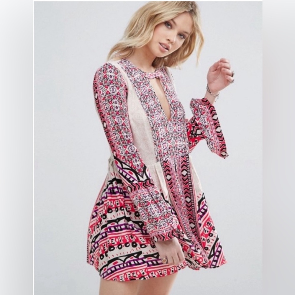 Free People Boho Southwest Tegan Boarder Printed Mini Dress Size 2